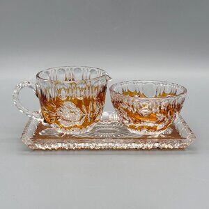 Walther Glas Germany Amber Etched Glass Cream and Sugar Set with Tray